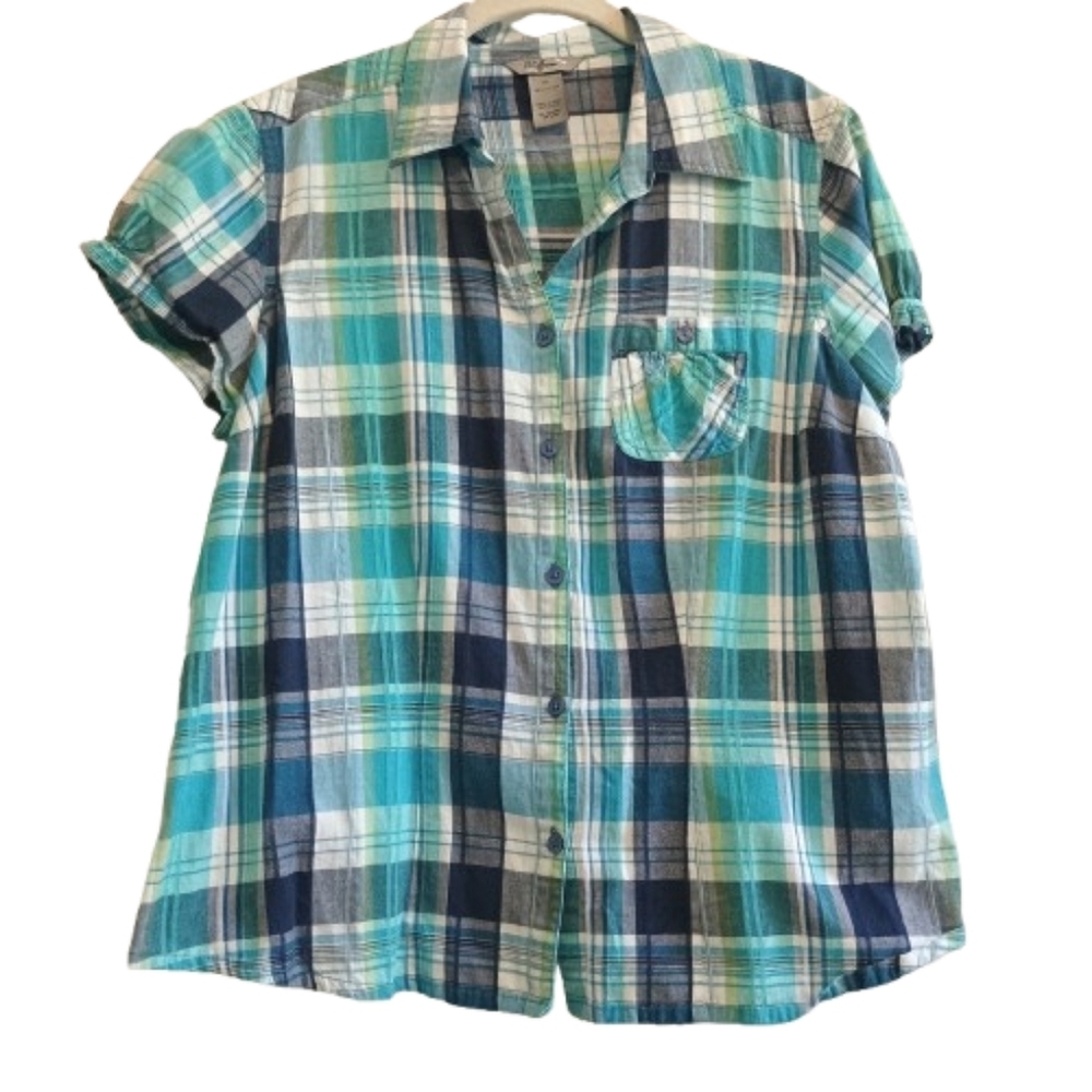 IB Diffusion XL Plaid Cotton Short Sleeve Shirt Blue Green Button Front Pocket‎